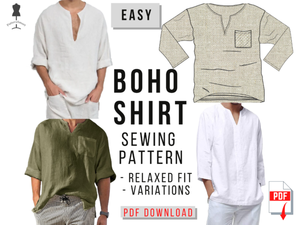 Man Boho Relaxed Fit Shirt Collar Pattern Long or Short Sleeves PDF download to sew diy, piece of conversation, ice breaker
