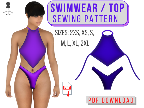 Swimwear Bikini Sewing Pattern PDF download to sew. diy, hot, trendy, piece of conversation, ice breaker, unique