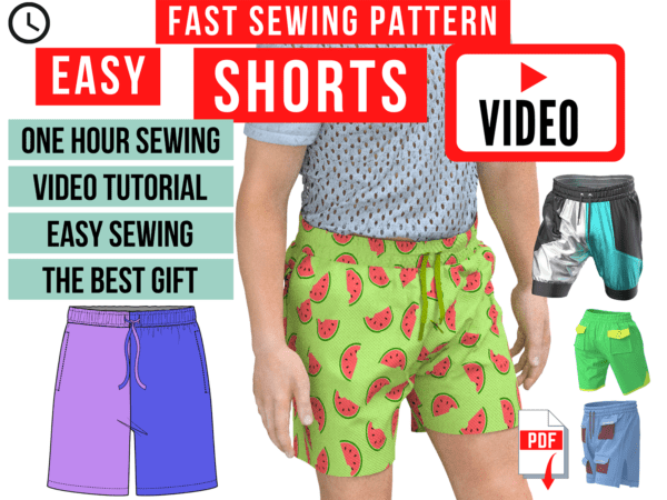 Shorts PDF pattern and Video Tutorial to sew unisex shorts.  Add Pockets,  Inseam pockets, cuffs. diy, ice breaker, conversation starter