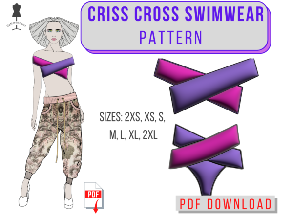 Swimwear Pattern Criss Cross Bikini , top, PDF download sew, diy, two pieces swim suit, trendy, piece of conversation