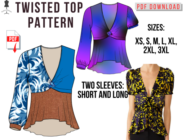 Twisted Top or Dress Sewing Pattern PDF download, party sew diy, Boho. Knotted top pattern pdf