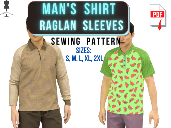 Man Shirt Raglan Sleeves Pattern Long or Short Sleeves PDF download to sew diy. Boho, men's, piece of conversation. Exposed Zipper or Henley