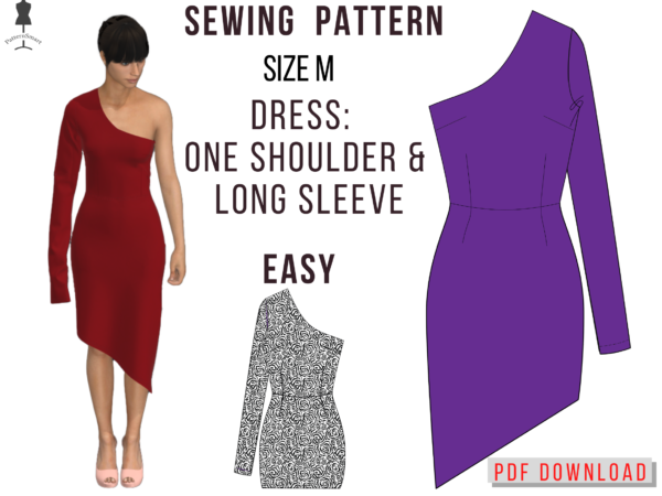 One Shoulder Dress with Long Sleeve Sewing Pattern PDF download, Size M Party Dress sew diy pattern, Boho dress diy