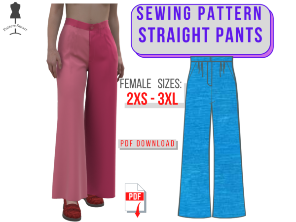 Straight Pants Female Pattern PDF download to sew.  Diy, Ice breaker, piece of conversation, show stopper, trendy